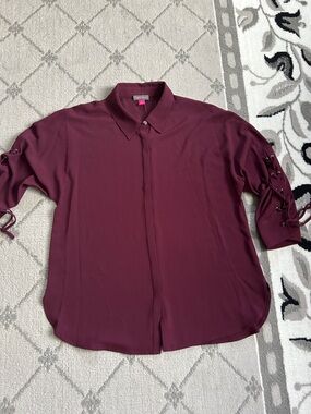 Vince Camuto Burgundy Lace-Up Sleeve Button Down Shirt